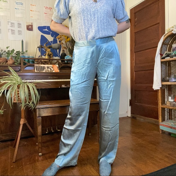 vintage silk baby blue pastel high waist trousers with pockets waist 32 x 32 - Picture 14 of 16